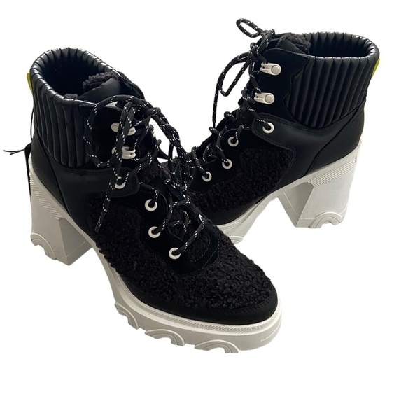 NWT Sorel Brex Heel Cozy Lace Booties in Black/Sea Salt Platform Chunky - Picture 4 of 11
